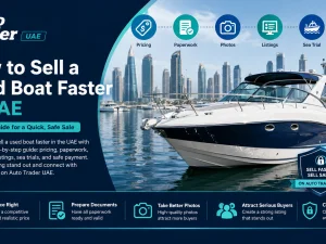 Used boat for sale in UAE moored at a marina