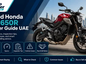 Used Honda CB650R parked in the UAE, side view of the middleweight naked bike