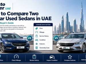 Two similar used sedans parked side by side being compared by a buyer in the UAE