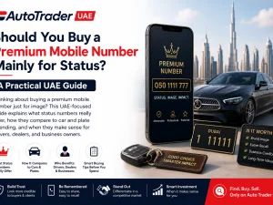 Premium mobile number concept with luxury car keys and smartphone in UAE setting