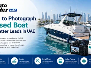 Used boat moored in a UAE marina photographed from the side profile at sunset