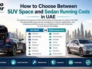 SUV and sedan parked side by side in UAE desert highway illustrating space vs running costs choice