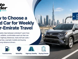 Used car driving on UAE highway between emirates
