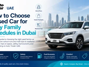Family loading children and stroller into a used SUV in Dubai parking area