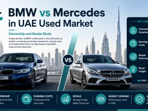 BMW and Mercedes used luxury cars parked in UAE urban setting