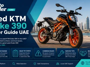 Used KTM Duke 390 motorcycle parked on a UAE city street at sunset
