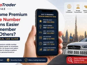 Premium mobile number pattern displayed on a car dealer signboard in the UAE
