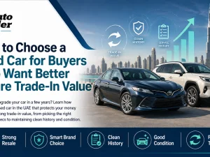 Used cars parked in a Dubai dealership lot, ideal for buyers focused on future trade-in value
