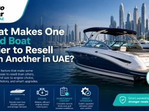 Used leisure boat moored in a UAE marina at sunset
