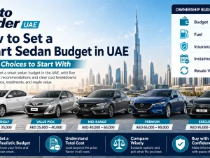Budget-friendly sedan driving on a Dubai highway at sunset