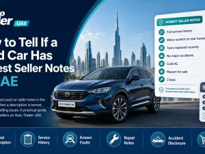 Used car buyer in UAE reading honest seller notes on Auto Trader UAE listing