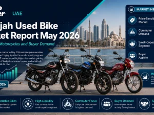 Used commuter motorcycles parked in Sharjah showing affordable bike options