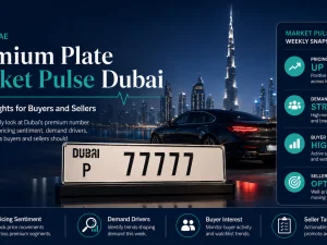 Premium Dubai number plate mounted on a luxury SUV in a Dubai skyline setting