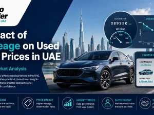 Used cars parked in a UAE dealership lot with different mileage levels indicated on windshields