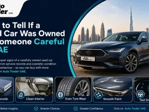 Used car being inspected for signs of careful ownership in UAE