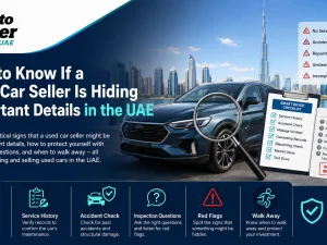 Buyer inspecting a used car for hidden issues at a dealership in the UAE
