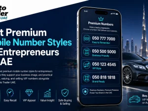 Premium mobile number on a smartphone displayed next to car keys in the UAE