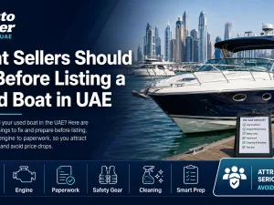 Used boat moored in UAE marina prepared for sale after repairs