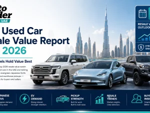 Used SUVs and sedans parked in Dubai illustrating strong resale value trends in the UAE