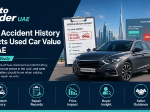 Used cars in UAE showroom with varied accident history affecting prices