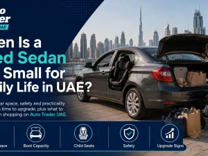Family loading luggage into a used sedan in UAE showing limited boot space