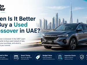 Used crossover SUV parked in the UAE, city skyline in the background
