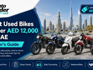 Used budget motorcycle parked in UAE city street