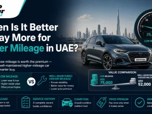 Used car dashboard showing low mileage on odometer in the UAE