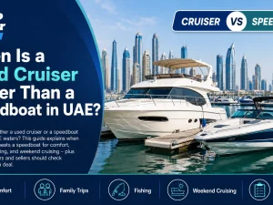 Used cruiser yacht underway off Dubai Marina in UAE waters