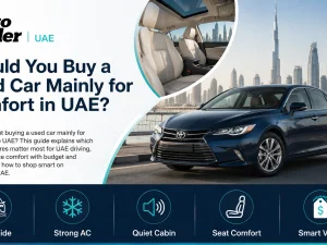 Used mid-size sedan driving on a UAE highway, chosen for comfort