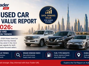 Used cars parked in Dubai with city skyline, illustrating May 2026 resale value trends