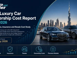 Premium luxury cars parked in a modern UAE city environment