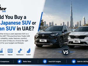 Used Japanese SUV and Korean SUV parked side by side in UAE