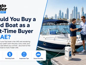 Used boat moored in a UAE marina, suitable for first-time buyers
