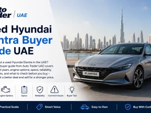 Used Hyundai Elantra sedan parked in the UAE in front of modern buildings
