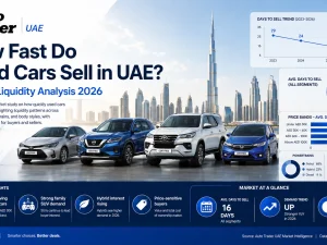 Used cars parked in a Dubai dealership lot, representing UAE used car market liquidity in 2026