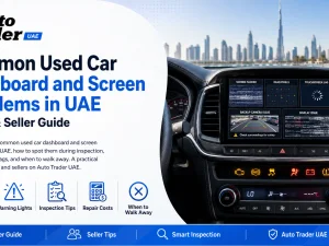 Used car interior dashboard and infotainment screen inspected in UAE heat