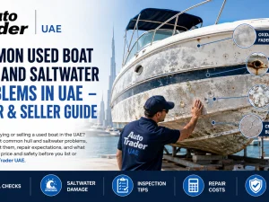 Used fiberglass boat hull out of water showing typical saltwater wear in the UAE