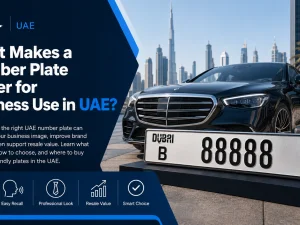Business car in UAE with professional number plate parked in front of office building