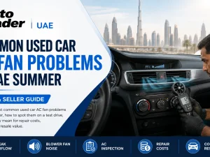 Mechanic inspecting a used car AC cooling fan in UAE summer heat