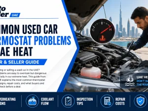 Mechanic inspecting a car thermostat and cooling system in hot UAE climate