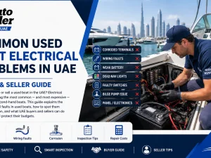 Used boat docked in UAE marina with visible electrical panel being inspected