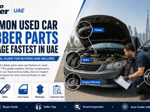 Mechanic inspecting aging rubber parts on a used car in UAE heat