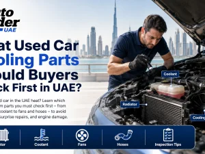 Used car cooling system inspection in UAE heat with open bonnet