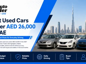 Budget-friendly used cars parked in a UAE city under AED 26,000