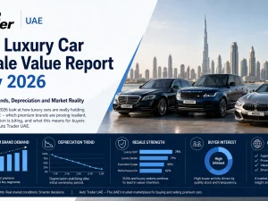 Row of luxury SUVs and sedans parked in Dubai, illustrating UAE luxury used car resale values in 2026
