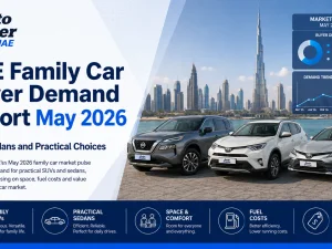 Family SUVs and sedans parked in a UAE residential area at sunset