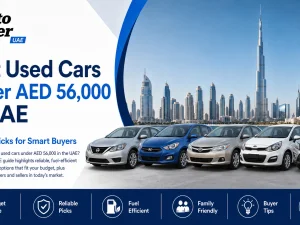 Line-up of budget-friendly used cars parked in a UAE city setting