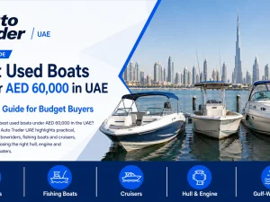 Used fiberglass bowrider boat cruising in UAE waters at sunset