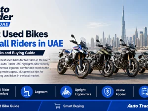 Tall rider sitting comfortably on an adventure motorcycle in the UAE